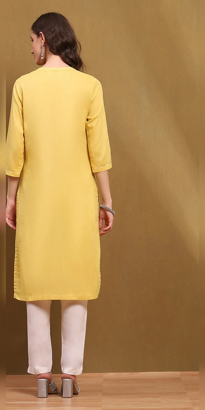Biba  Women Yellow Cotton Blend Solid Regular Fit Straight Kurta  | Best Price UAE