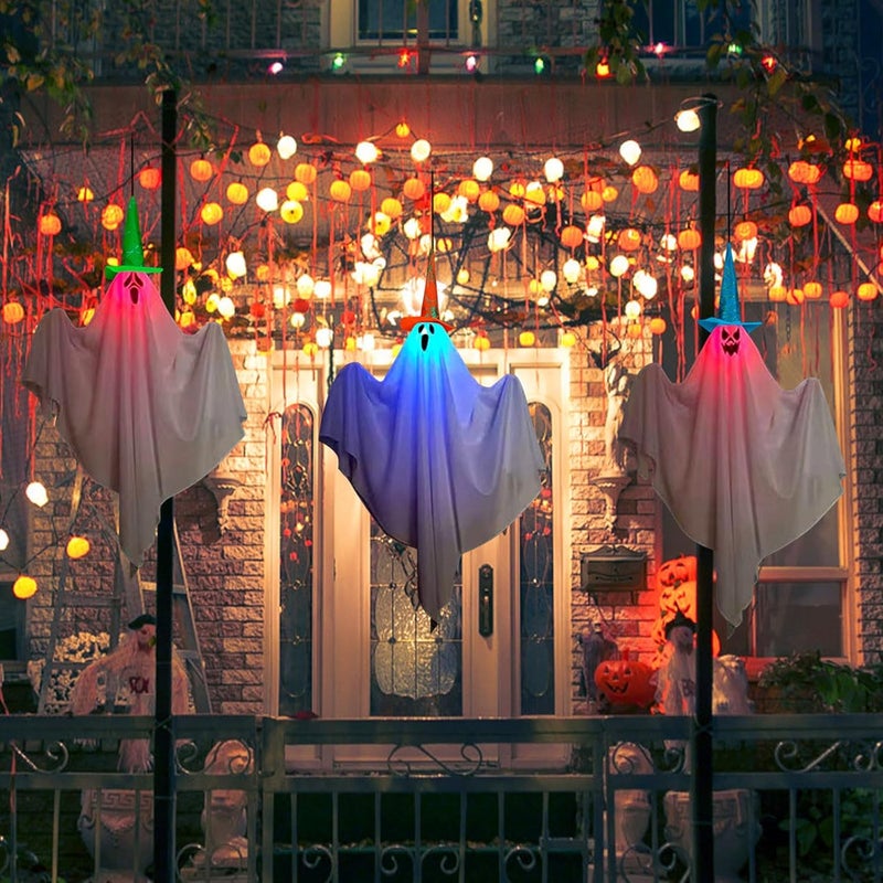 klarako Halloween Decorations Outdoor, 3 PCS Lighted Hanging Glowing Ghost Hat, Light Up Ghost, Halloween Outdoor Decor Clearance, Halloween String Lights for Indoor Outdoor Yard, Halloween Party - Image 1