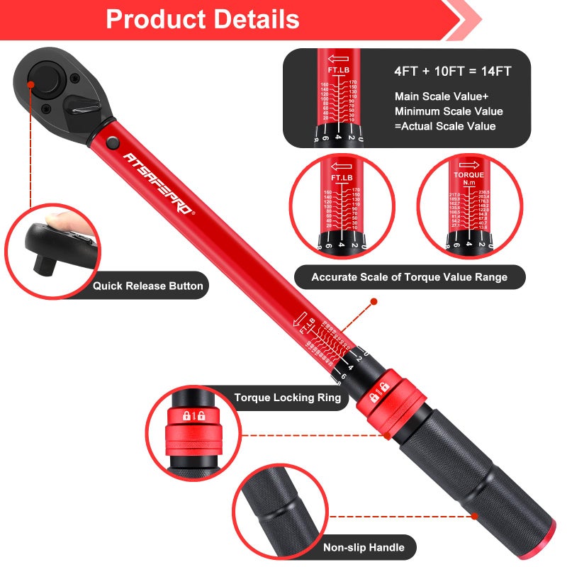 ATsafepro 1/2-Inch Drive Click Torque Wrench,10-170FT.LB/13.6-230.5N/M & Dual-Direction, 72-Tooth Dual Range Scales Torque Wrench 1/2 Drive,Easy Use for Motorcycle,Car,etc - Image 3