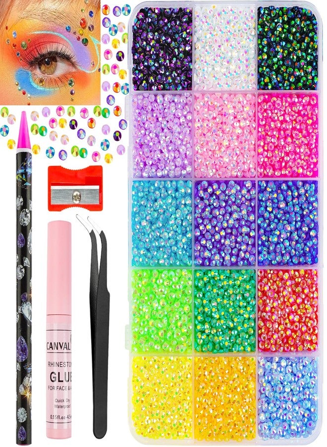 Canvalite 18000Pcs Rhinestones for Face Multi Color Face Gems Face Jewels for Eye, Hair, Nail Gems with Quick Dry Makeup Glue, Rhinestones Picker, Tweezers for Nail Art & Face Makeup - Image 1