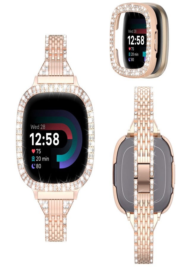 MOFREE Compatible for Fitbit Versa 4 Bands/Fitbit Sense 2 Bands Women with Hard Bling Bumper Protective Case Cover, Dressy Jewelry Diamond Rhinestone Metal Wristband for Fitbit Versa 4/Sense 2 (Rose - Image 1