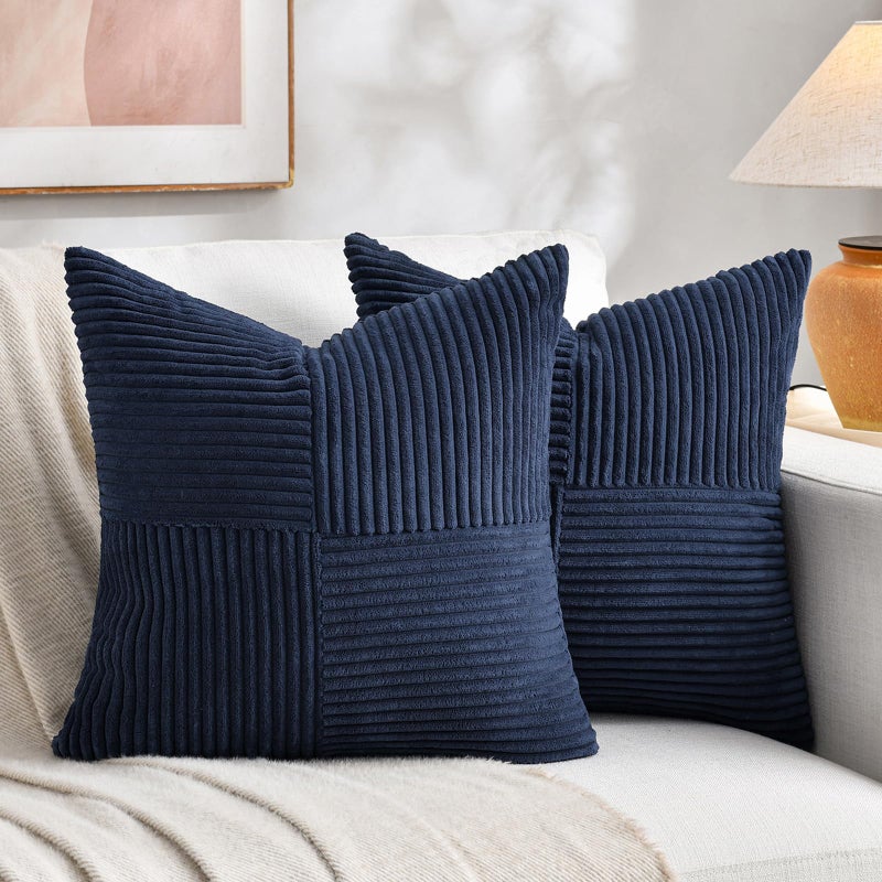 Fancy Homi 2 Packs Navy Blue Decorative Throw Pillow Covers 20x20 Inch for Living Room Couch Bed Sofa Rustic Farmhouse Boho Home Decor Soft Corss Corduroy Patchwork Accent Cushion Case 50x50 cm - Image 2
