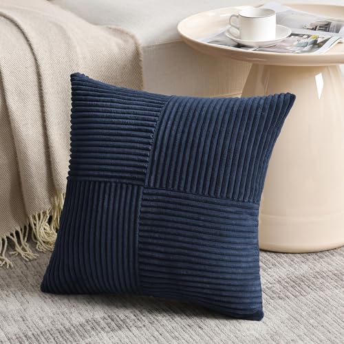 Fancy Homi 2 Packs Navy Blue Decorative Throw Pillow Covers 20x20 Inch for Living Room Couch Bed Sofa Rustic Farmhouse Boho Home Decor Soft Corss Corduroy Patchwork Accent Cushion Case 50x50 cm - Image 3