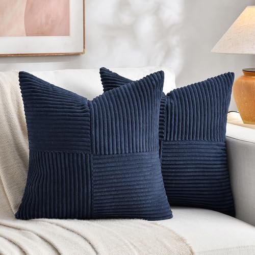 Fancy Homi 2 Packs Navy Blue Decorative Throw Pillow Covers 20x20 Inch for Living Room Couch Bed Sofa Rustic Farmhouse Boho Home Decor Soft Corss Corduroy Patchwork Accent Cushion Case 50x50 cm - Image 1
