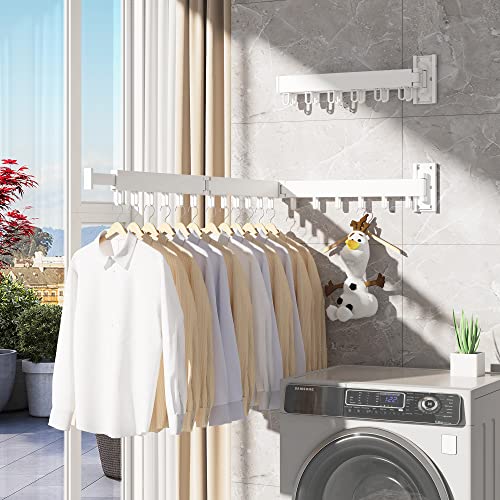 HEILAIYI Clothes Drying Rack,Laundry Drying Rack,Wall Mounted Clothes Rack,Laundry Rack Wall Mount,Folding Retractable Collapsible Drying Rack Clothing (Three-Poles,Loop Hooks,White) - Image 5