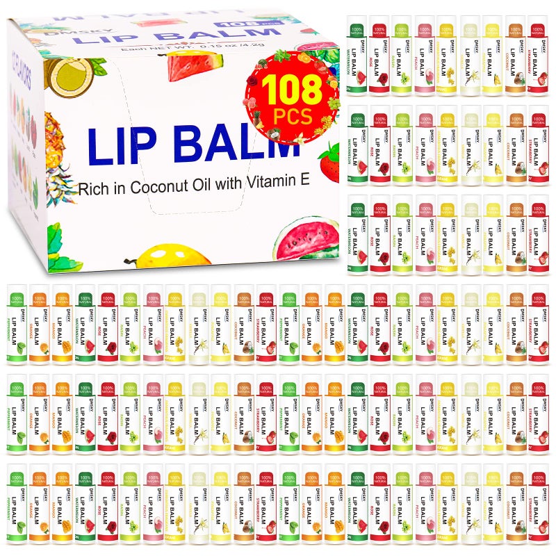 DMSKY 108 Pack Lip Balm Natural Lip Balms Bulk with Vitamin E and Coconut Oil Moisturizing Lip Balms for Chapped Lips Bulk Lip Balm for Women12 Flavors