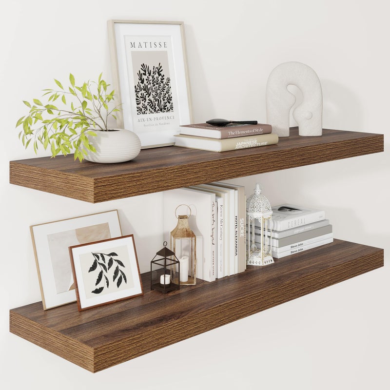 Vivelove Farmhouse Floating Shelves for Wall 12 Inch Deep, 36" X 12" X 2" Floating Shelf, 2 Inch Thick Shelf for Living Room Bathroom Bedroom Kitchen, Rustic Farmhouse Decor Set of 2, Walnut - Image 1