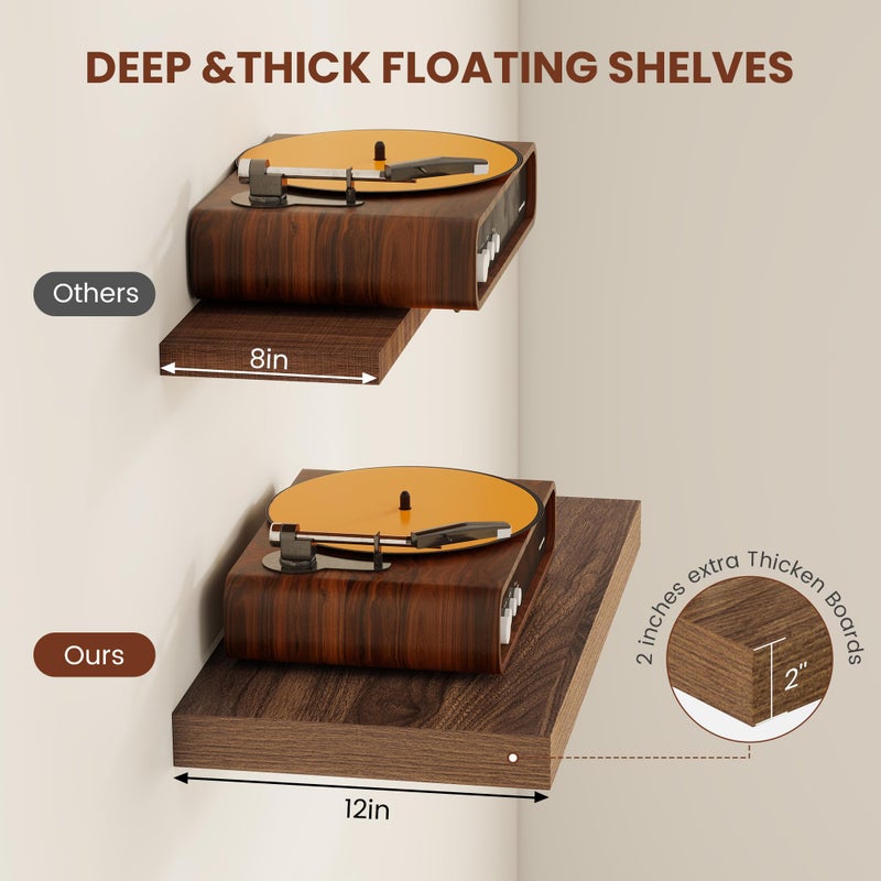 Vivelove Farmhouse Floating Shelves for Wall 12 Inch Deep, 36" X 12" X 2" Floating Shelf, 2 Inch Thick Shelf for Living Room Bathroom Bedroom Kitchen, Rustic Farmhouse Decor Set of 2, Walnut - Image 3