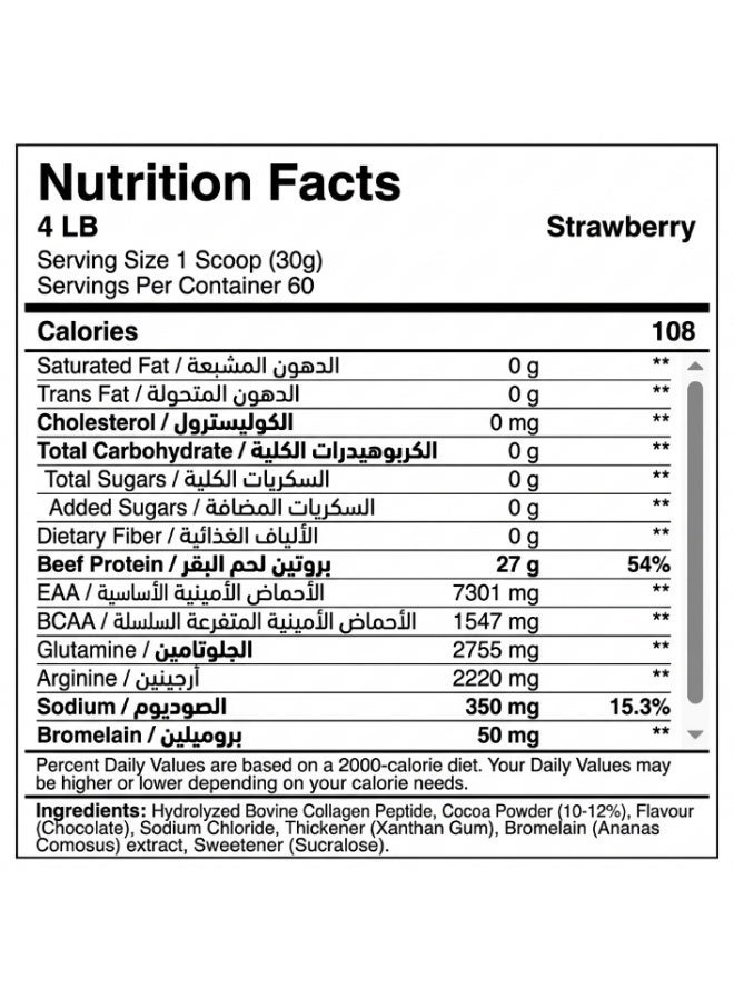Laperva Beef Triple Zero Hydrolyzed Protein Powder  ZERO CARB, SUGAR & FAT - 86% Protein - With BCAA & Glutamine Strawberry Flavour 4 lb - Image 2