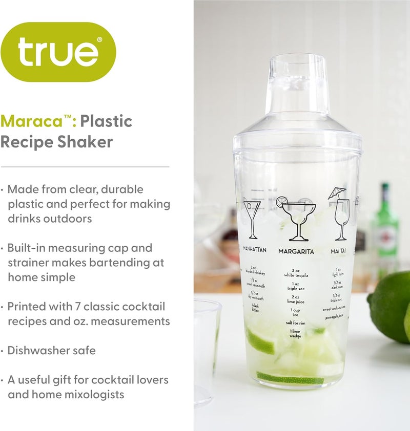 True Maraca Cocktail Shaker with Built In Strainer, Drink Mixer with 7 Classic Drink Recipes & Measurements, Perfect for Game Nights, BBQ, House Party, Picnic, Home Bar Accessories, 16 oz, Set of 1 - Image 1