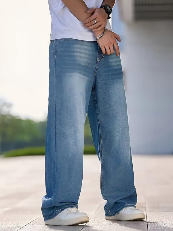 Waltz Men's High Waist Stretchable Light Blue Oversized Baggy Loose Relax Fit Wide Leg Boy Friend Casual Denim Jeans Pant for Men Size 32 - Image 3