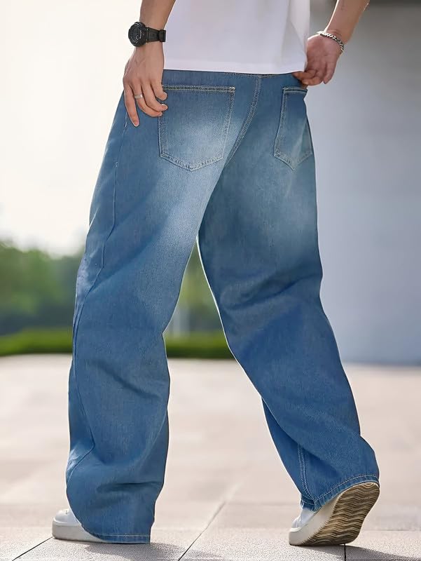 Waltz Men's High Waist Stretchable Light Blue Oversized Baggy Loose Relax Fit Wide Leg Boy Friend Casual Denim Jeans Pant for Men Size 32 - Image 2