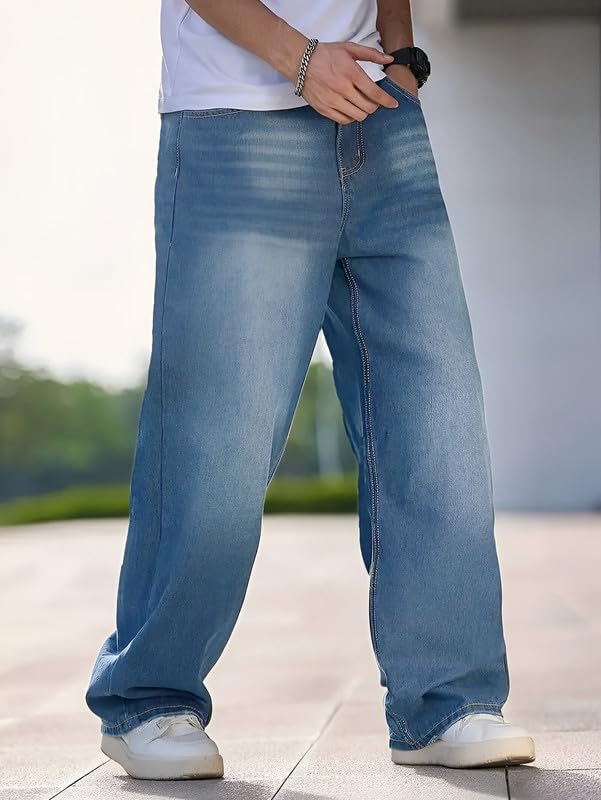 Waltz Men's High Waist Stretchable Light Blue Oversized Baggy Loose Relax Fit Wide Leg Boy Friend Casual Denim Jeans Pant for Men Size 32 - Image 5