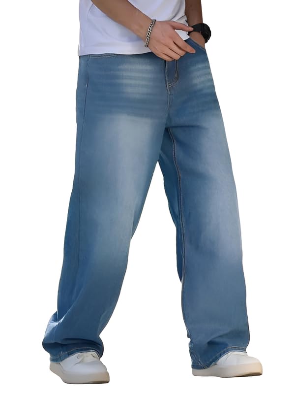 Waltz Men's High Waist Stretchable Light Blue Oversized Baggy Loose Relax Fit Wide Leg Boy Friend Casual Denim Jeans Pant for Men Size 32 - Image 1