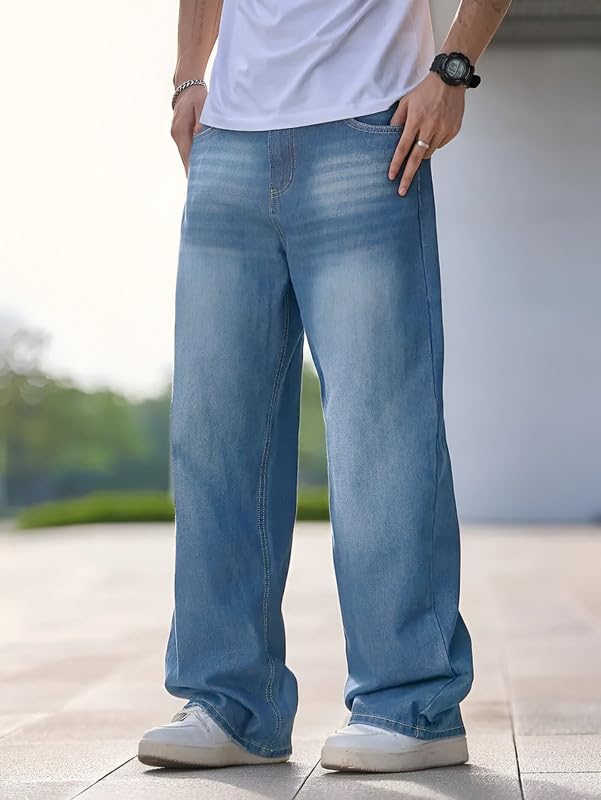 Waltz Men's High Waist Stretchable Light Blue Oversized Baggy Loose Relax Fit Wide Leg Boy Friend Casual Denim Jeans Pant for Men Size 32 - Image 4