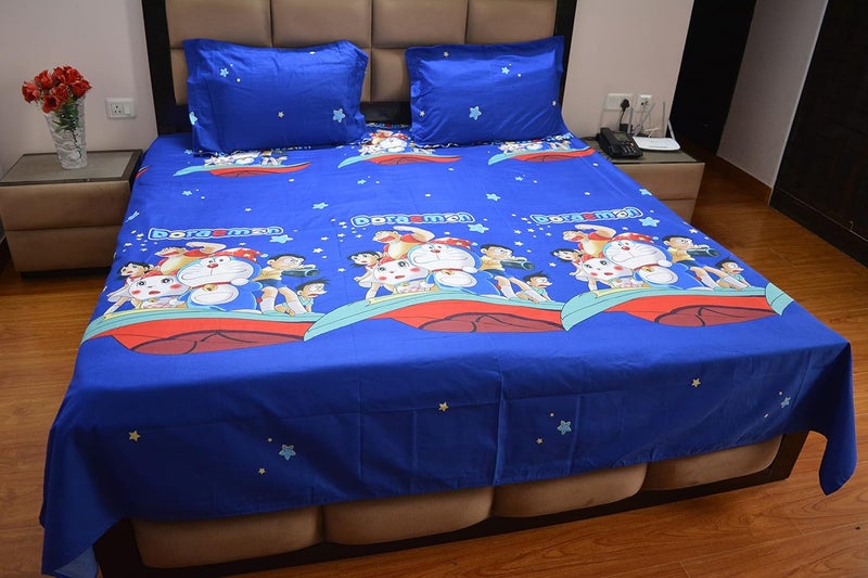 Bless Kraft Kids Cartoon Character King Size Cotton Glace Bedsheet Size 95 X 108 Inches GSM 230 Blue Dore  - Image 1