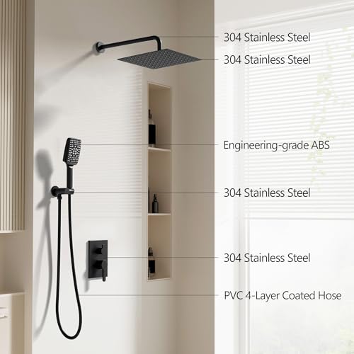 Lavatrum Shower Faucet Set Wall Mounted Shower head with Handheld Comb Rain System 6 Function Pressure Balance - Stainless Steel Bathroom Shower Kit Complete 12 Inch Matte Black(With Valve) - Image 2