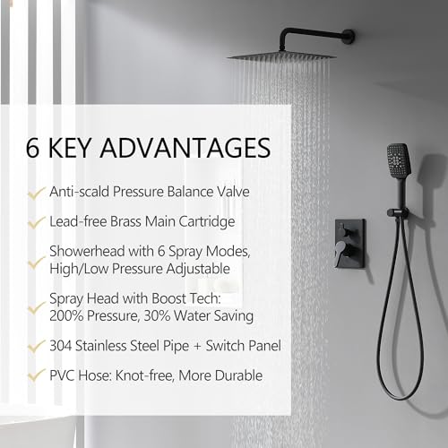 Lavatrum Shower Faucet Set Wall Mounted Shower head with Handheld Comb Rain System 6 Function Pressure Balance - Stainless Steel Bathroom Shower Kit Complete 12 Inch Matte Black(With Valve) - Image 5