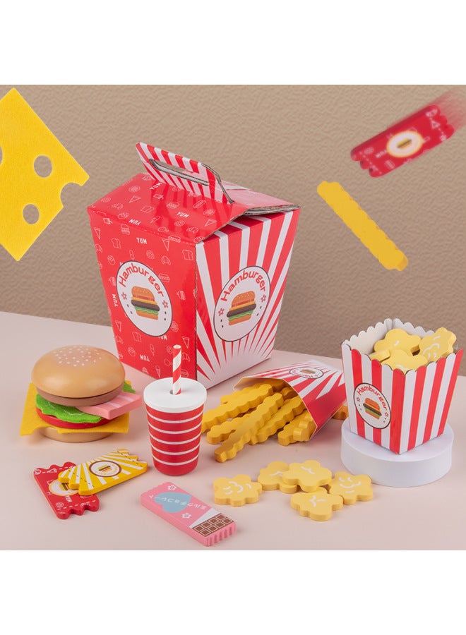 Children's Play Wooden Toy Fast Food Combination Wooden Simulation Chicele Pizza Hamburger Fries Set Wholesale-Color:Pizza Simulation - Image 2