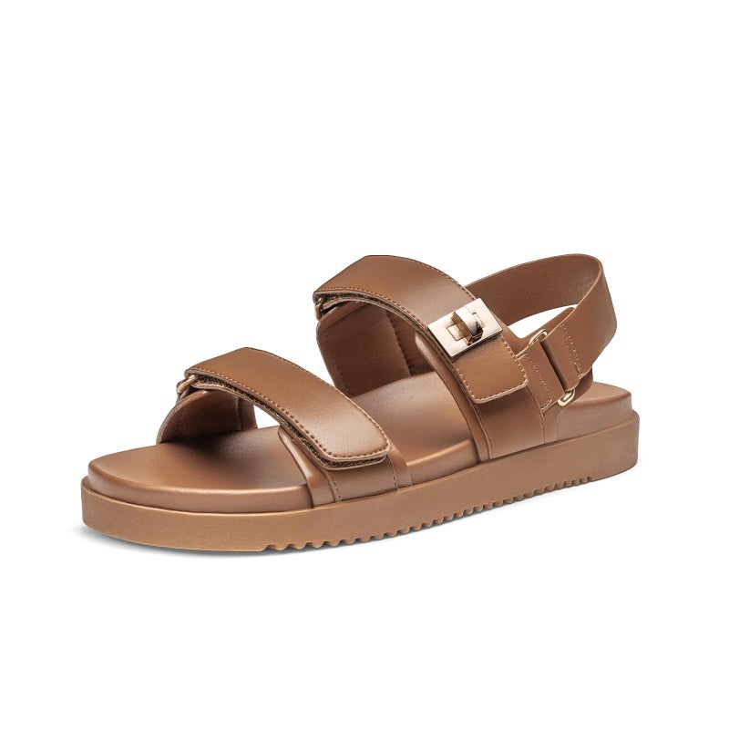 Rihero Brown Sandals Women Comfortable Double Strap Slip On Flat Sandals with Back Strap Soft Cushioned Footbed Casual Adjustable Slides for Summer Beach Vacation Travel 8 - Image 1
