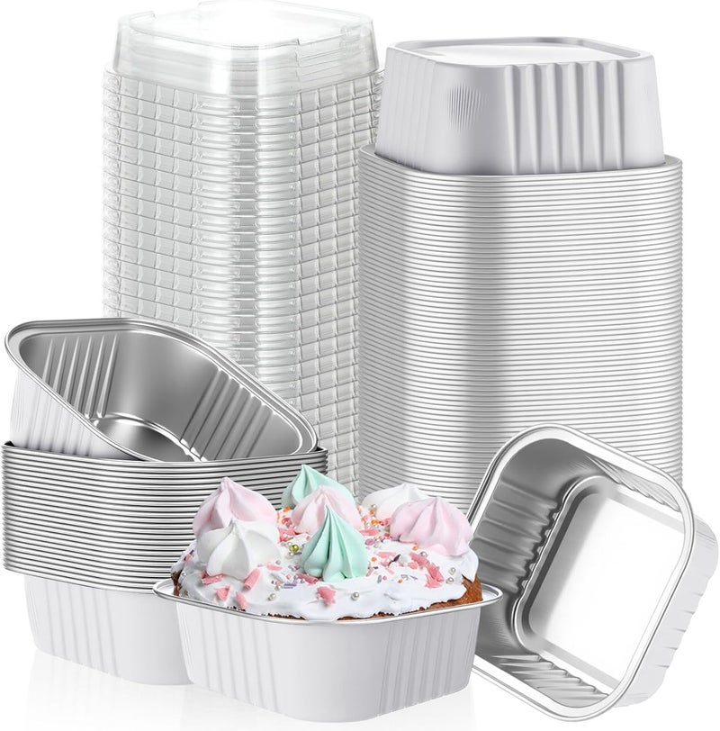 Skylety 100 Pcs 5 oz Mini Square Baking Pan with Lid Aluminum Foil Cupcake Pan Brownie Baking Cup Disposable Ramekins Individual Tin Dessert Containers for Kitchen (White) - Image 1