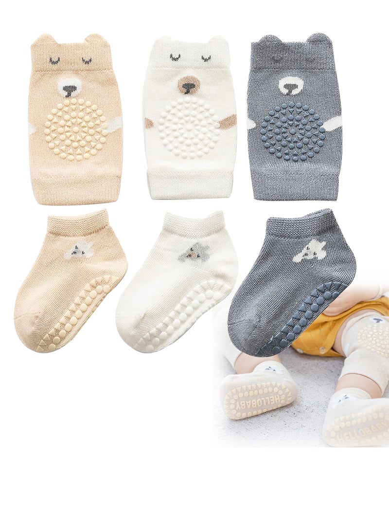 Luckam Baby Crawling Baby Socks  and Baby Knee Pads 3 Pair Boys Girls Crawling Pads Non-Slip Socks - Image 1