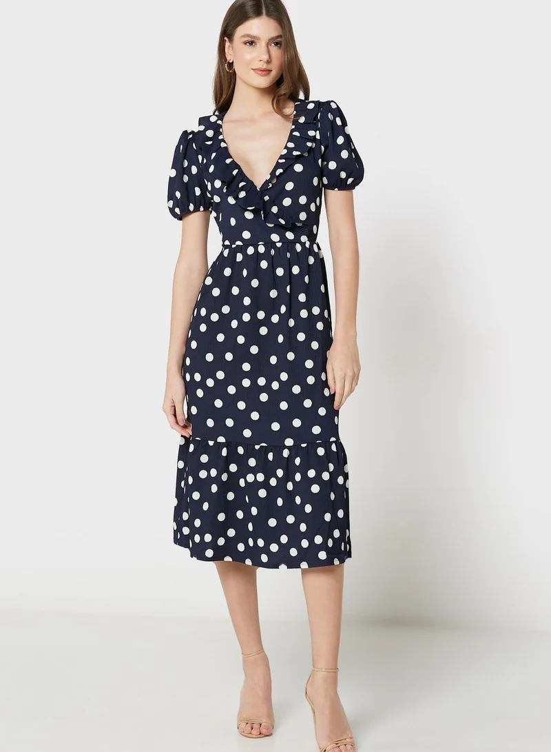Wallis Puff Sleeve Polka Dot Dress