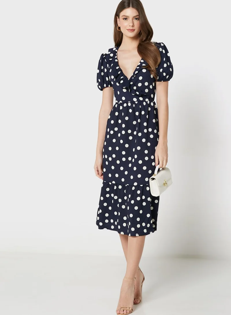 Wallis Puff Sleeve Polka Dot Dress