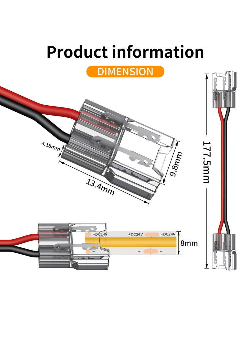20 Pack Solderless 2 Pin COB LED Connectors, 15cm Double Headed for Low Voltage Single Color Light Strips, Perfect for DIY Projects - Image 4