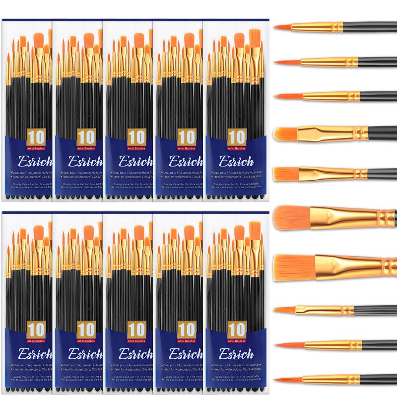 ESRICH Acrylic Paint Brushes Set 10 Packs 100 Pcs Watercolor BrushesNylon Brush Head for Oil Painting Gouache FaceCeramics etc Kids and Adults Painting Arts and Crafts Paint Sets