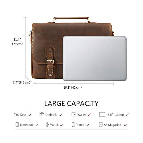 Kattee Men's Leather Satchel Briefcase, 15.6" Laptop Messenger Shoulder Bag Tote - Image 4