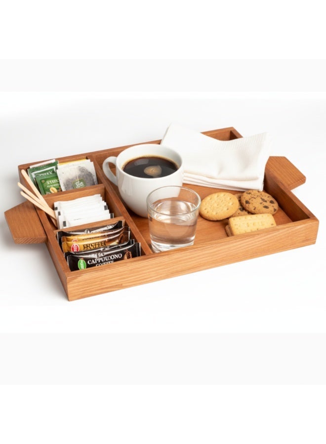 صينية تقديم وتنظيم خشبية متعددة الأقسام بمقابض – مثالية لمحطة القهوة والشاي، تقديم السناكس، أدوات المائدة، وتنظيم المنزل والمكتب - Image 1