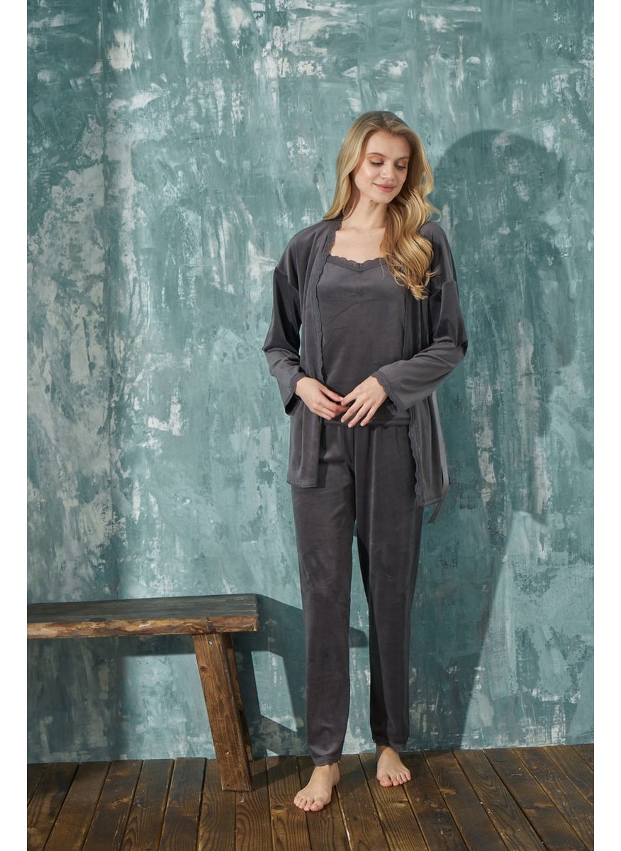 Bie's Women's French Velvet Rope Strap Dressing Gown with Lace Detail Pajamas Set of 3  - Image 1