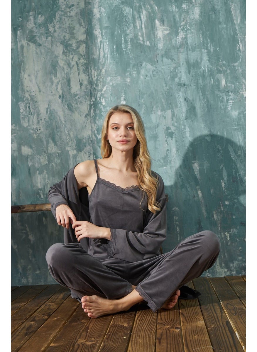 Bie's Women's French Velvet Rope Strap Dressing Gown with Lace Detail Pajamas Set of 3  - Image 3