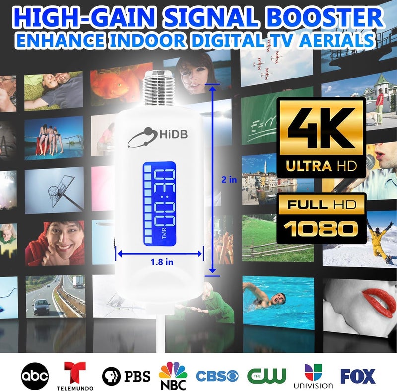 HIDB TV Antenna Amplifier Signal Booster, 25dBi High Gain Amplifier for 4K/1080p TVs, Low Noise, Adjustable Gain & Timer, USB Powered, Digital Signal Amplifier Boosts Weak Signals, Works with Smart TVs - Image 2