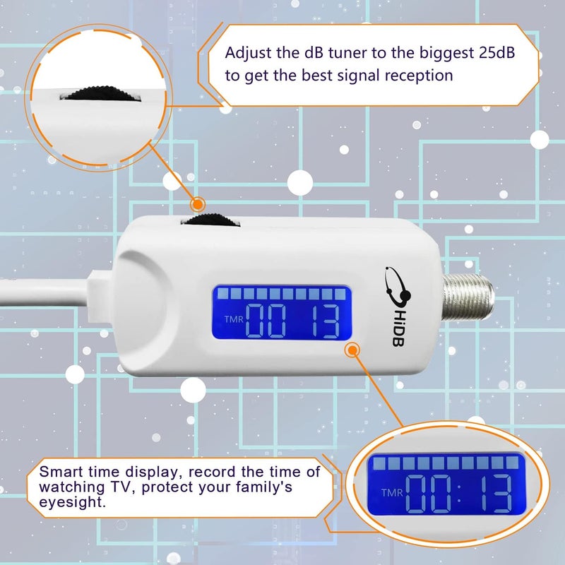 HIDB TV Antenna Amplifier Signal Booster, 25dBi High Gain Amplifier for 4K/1080p TVs, Low Noise, Adjustable Gain & Timer, USB Powered, Digital Signal Amplifier Boosts Weak Signals, Works with Smart TVs - Image 3