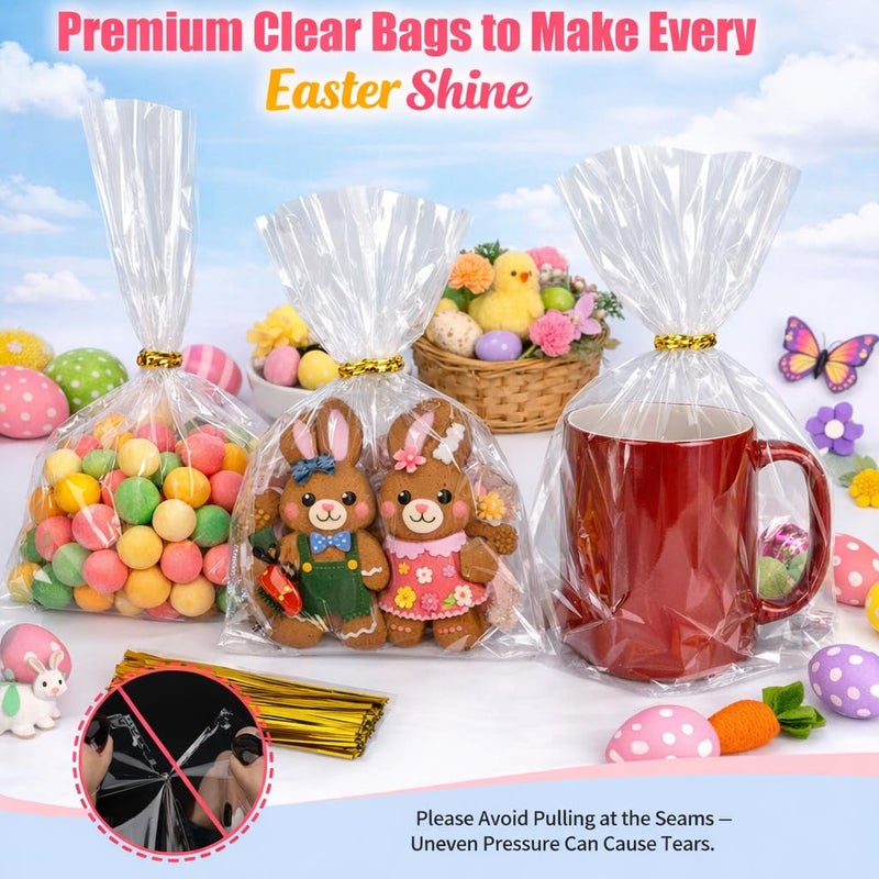 Bonison 100 Pcs Cellophane Treat Bags - 6x10 Inch Clear Cookie Flat Bags Plastic Candy Goodie Bag With Twist Ties, No Gusset for Cookies, Candy, Snacks, Party Favors - Image 5