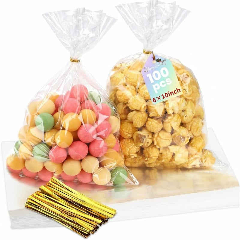 Bonison 100 Pcs Cellophane Treat Bags - 6x10 Inch Clear Cookie Flat Bags Plastic Candy Goodie Bag With Twist Ties, No Gusset for Cookies, Candy, Snacks, Party Favors - Image 1