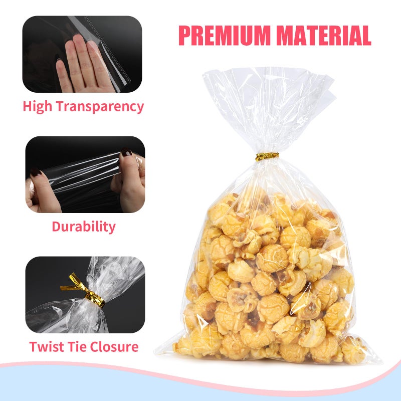 Bonison 100 Pcs Cellophane Treat Bags - 6x10 Inch Clear Cookie Flat Bags Plastic Candy Goodie Bag With Twist Ties, No Gusset for Cookies, Candy, Snacks, Party Favors - Image 3