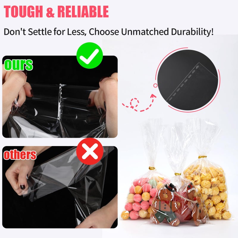 Bonison 100 Pcs Cellophane Treat Bags - 6x10 Inch Clear Cookie Flat Bags Plastic Candy Goodie Bag With Twist Ties, No Gusset for Cookies, Candy, Snacks, Party Favors - Image 4