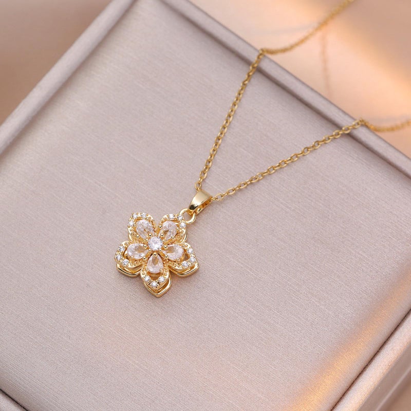 KONPJE Necklace for Women Gold Flower Fidget Necklace Rotatable Crystal Silver Blossom Pendant Necklaces Adjustable Spinning Fidget Necklaces Redbud Flower Choker Funny Gift Jewelry(gold white) - Image 4