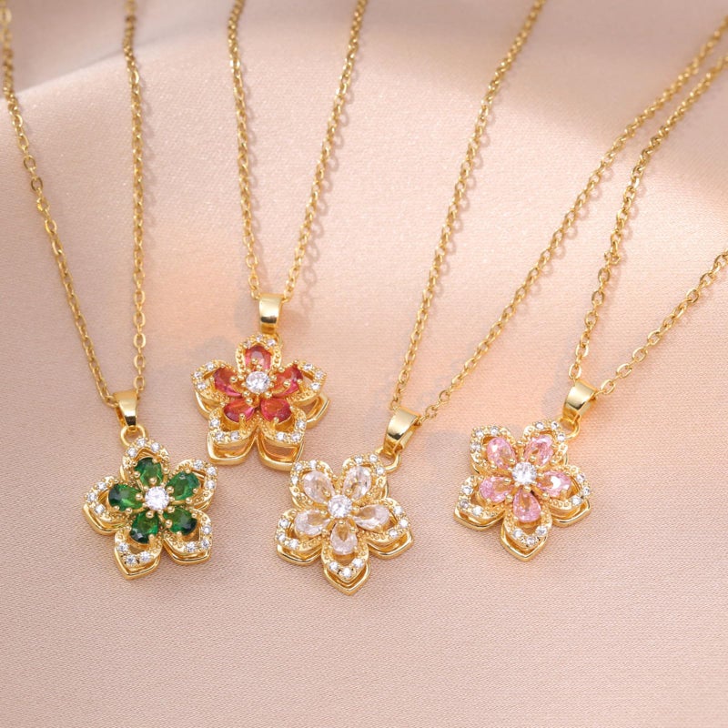KONPJE Necklace for Women Gold Flower Fidget Necklace Rotatable Crystal Silver Blossom Pendant Necklaces Adjustable Spinning Fidget Necklaces Redbud Flower Choker Funny Gift Jewelry(gold white) - Image 5