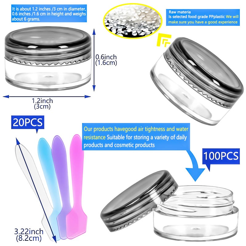 MotBach 100 Pcs 5g Empty Plastic Containers with Black Lids,Mini Makeup Sample Containers, Small Sample Pot Jars Round Cosmetic Jars with Mini Spatulas for Liquid Sample Powder Creams Lotions - Image 2