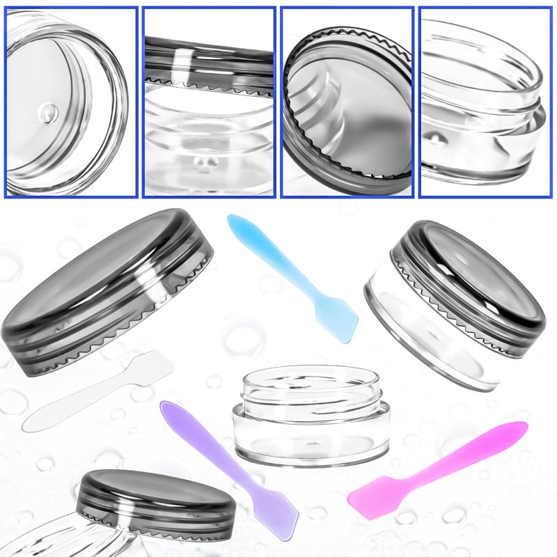 MotBach 100 Pcs 5g Empty Plastic Containers with Black Lids,Mini Makeup Sample Containers, Small Sample Pot Jars Round Cosmetic Jars with Mini Spatulas for Liquid Sample Powder Creams Lotions - Image 3