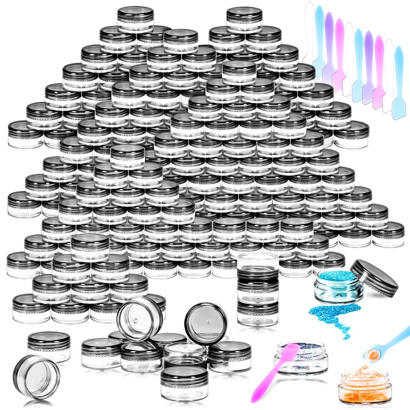 MotBach 100 Pcs 5g Empty Plastic Containers with Black Lids,Mini Makeup Sample Containers, Small Sample Pot Jars Round Cosmetic Jars with Mini Spatulas for Liquid Sample Powder Creams Lotions - Image 1