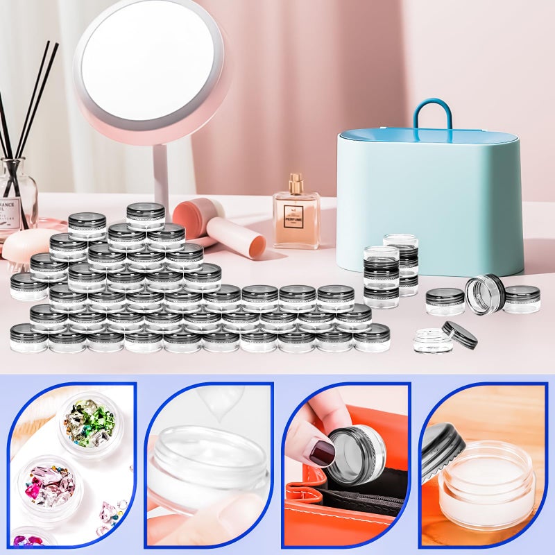 MotBach 100 Pcs 5g Empty Plastic Containers with Black Lids,Mini Makeup Sample Containers, Small Sample Pot Jars Round Cosmetic Jars with Mini Spatulas for Liquid Sample Powder Creams Lotions - Image 5