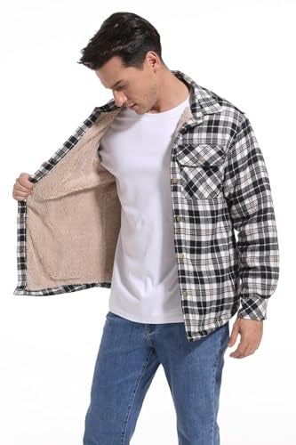 Puwasa Men's Sherpa Lined Cotton Flannel Shirt Jacket Plaid Button Up Jacket Coat for Men with Pocket Black Small - Image 2
