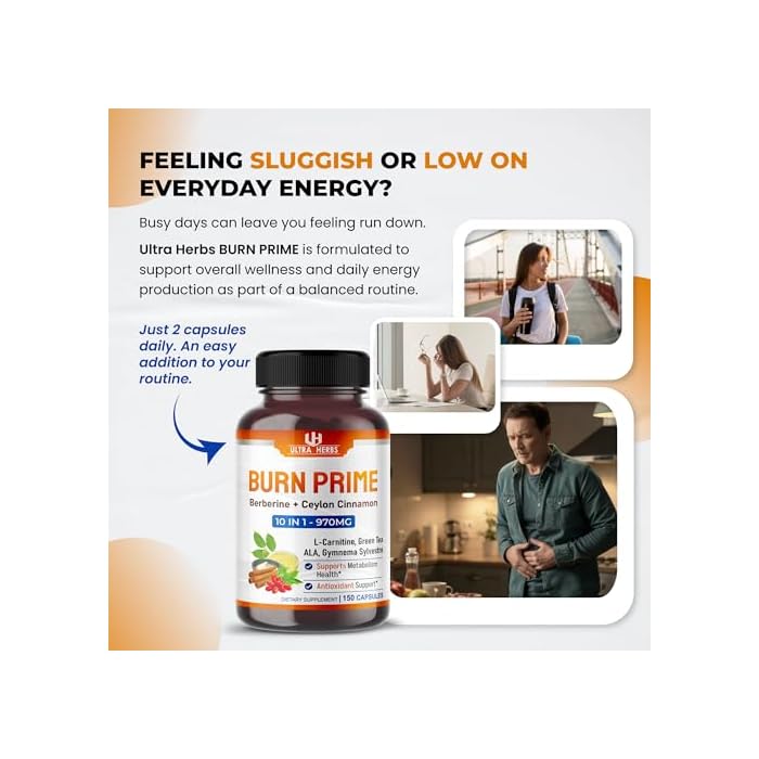 ULTRA HERBS Ultra Burn Prime 1730 mg – 10-in-1 with Berberine, Ceylon Cinnamon, L-Carnitine, ALA, Green Tea & Gymnema – Supports Metabolism, Energy & Digestive Balance – 150 Capsules - Image 2