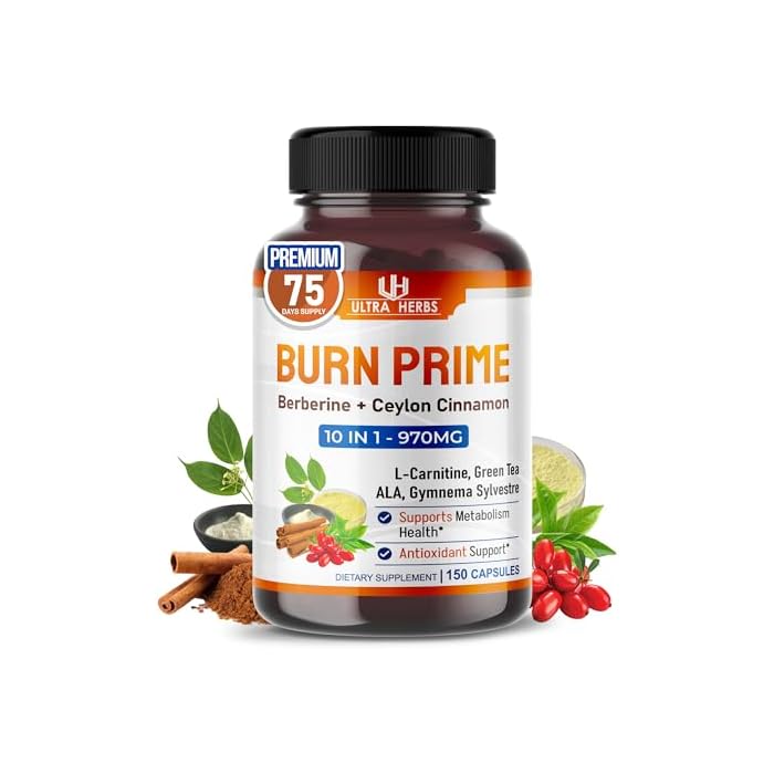 ULTRA HERBS Ultra Burn Prime 1730 mg – 10-in-1 with Berberine, Ceylon Cinnamon, L-Carnitine, ALA, Green Tea & Gymnema – Supports Metabolism, Energy & Digestive Balance – 150 Capsules - Image 1