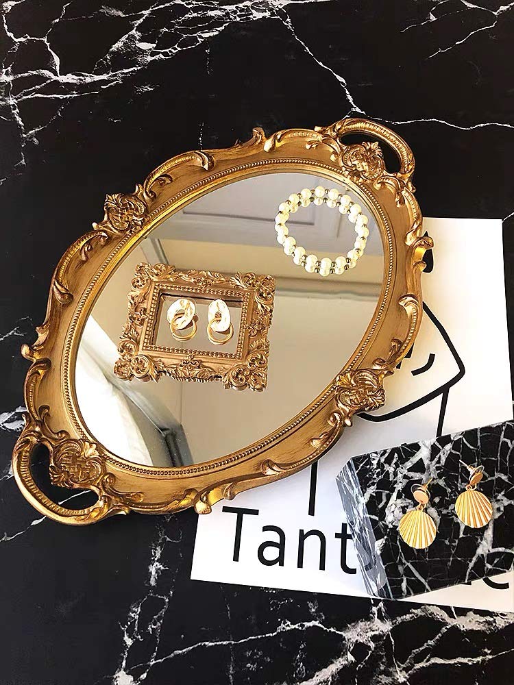 Schonee Oval Vintage Decorative Mirror Tray, Jewelry Dresser Organizer, Cosmetics Makeup Storage, Serving Tray (9.8x14.6 Inches, Golden) - Image 3